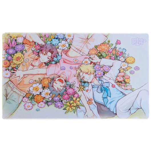 Three Brothers Bond playmat featuring anime characters surrounded by colourful flowers