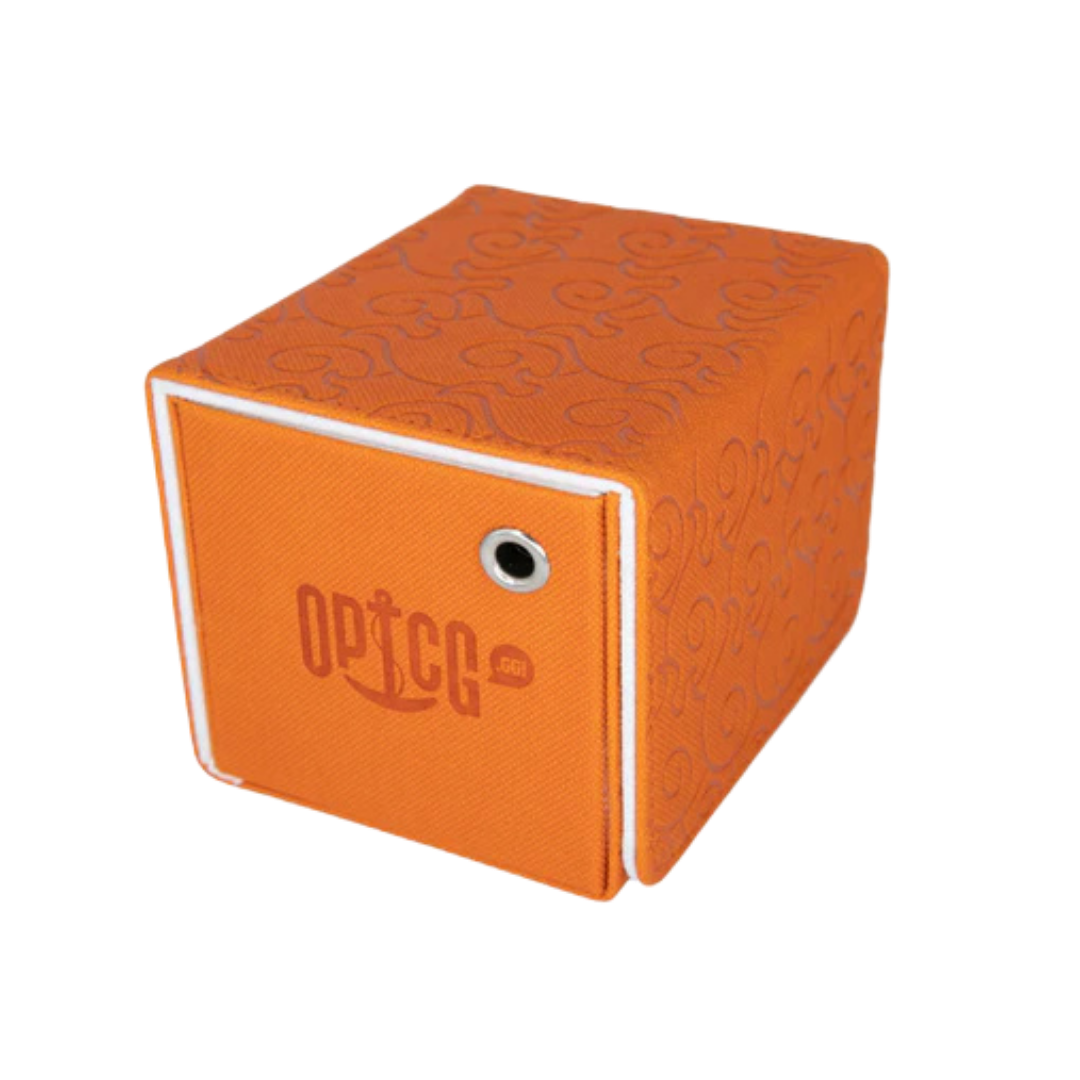 Orange Mera Mera OPTCG deck box with engraved design and magnetic closure