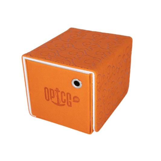 Orange Mera Mera OPTCG deck box with engraved design and magnetic closure
