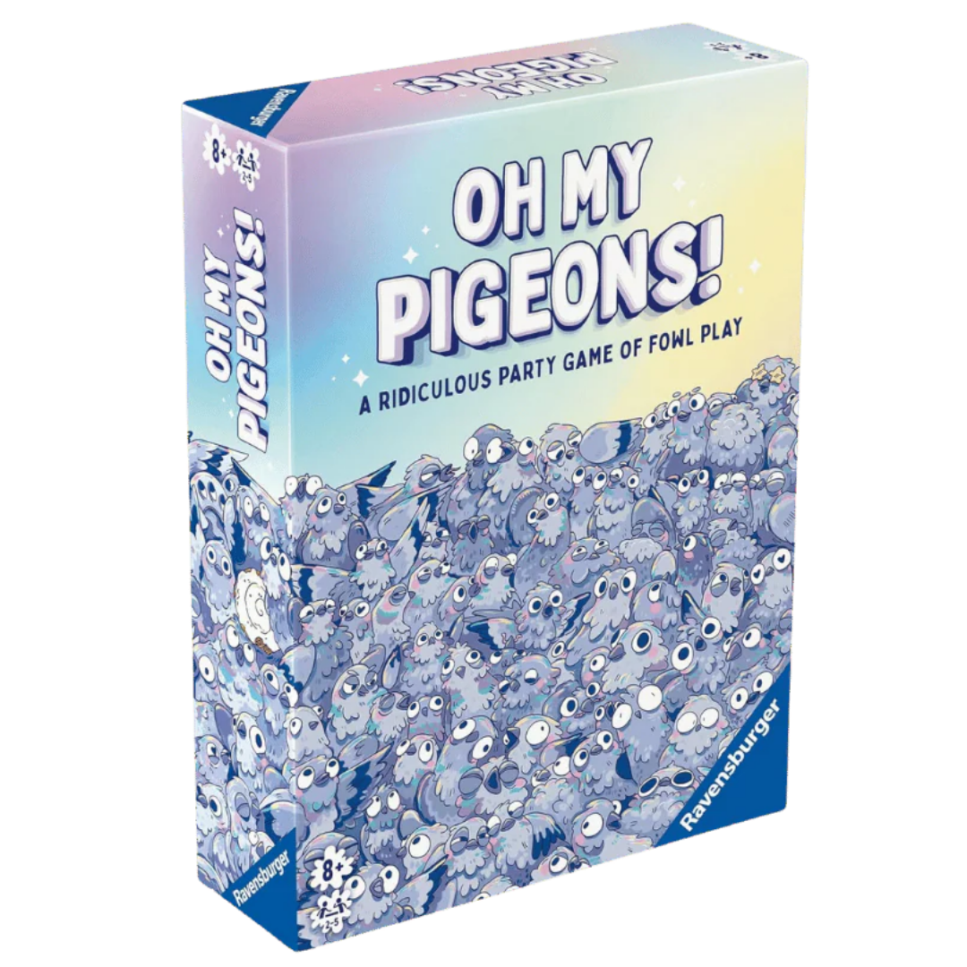 Oh My Pigeons party game with pigeon miniatures benches cards and family gameplay