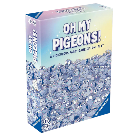Oh My Pigeons party game with pigeon miniatures benches cards and family gameplay