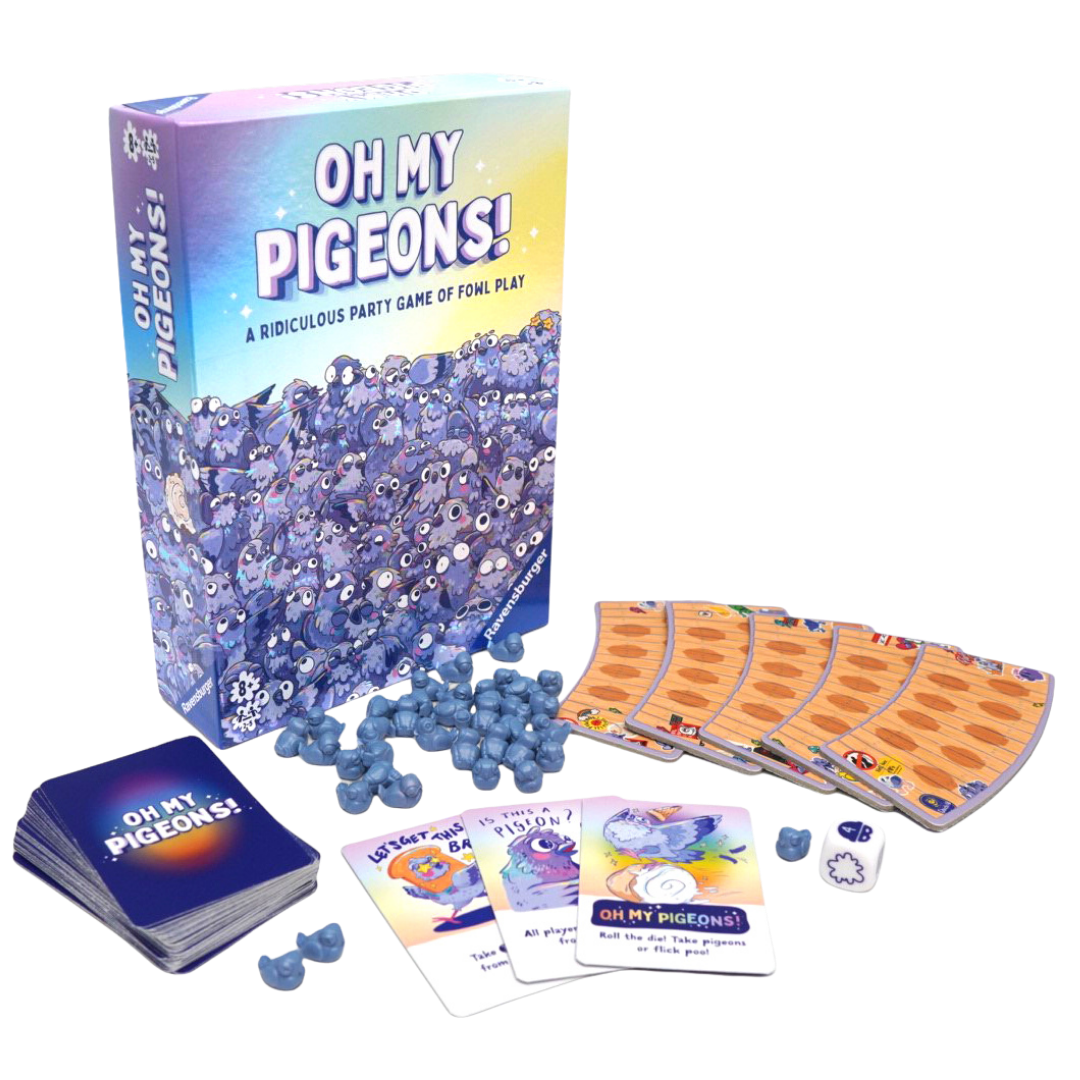 Oh My Pigeons party game with pigeon miniatures benches cards and family gameplay