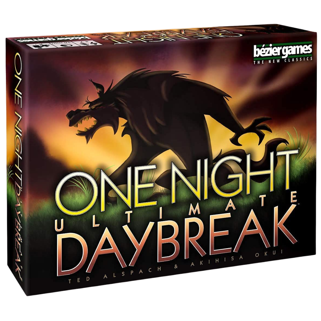 One Night Ultimate Werewolf Daybreak board game box featuring werewolf artwork and title