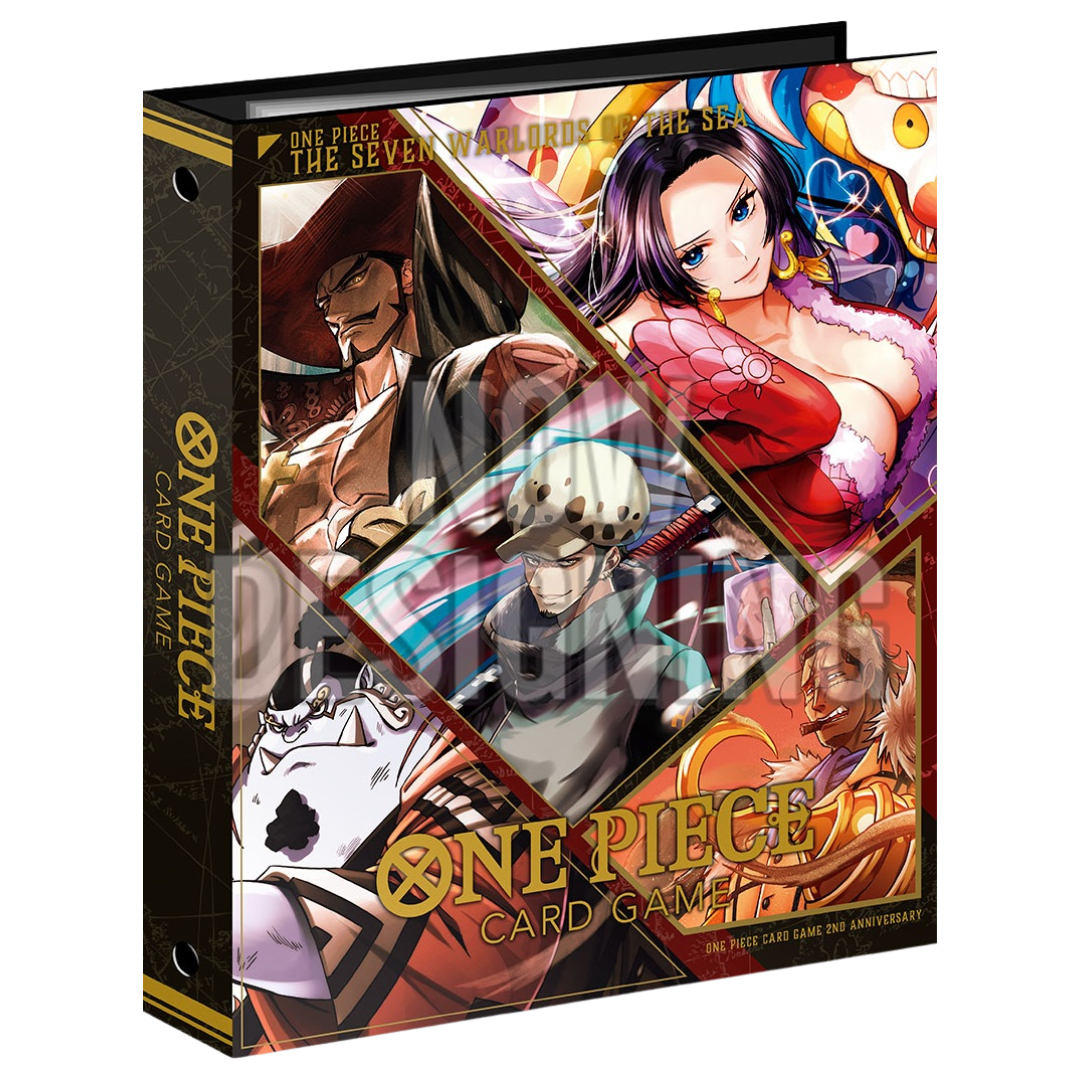 One Piece 9 Pocket Binder Set Seven Warlords of the Sea, themed binder with 12 foil cards featuring iconic characters from the One Piece Trading Card Game.