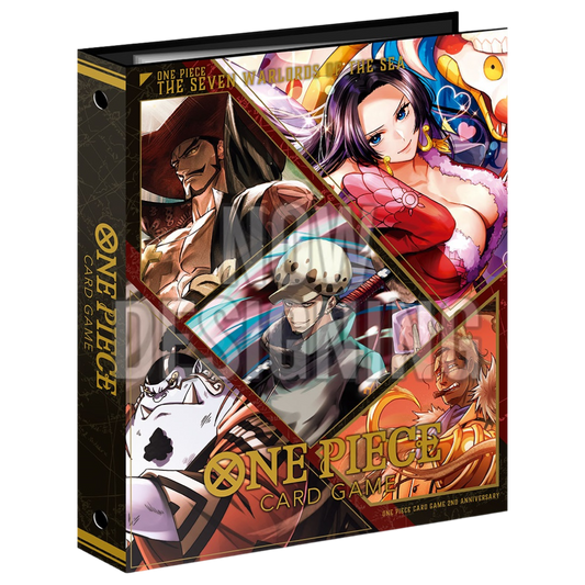 One Piece 9 Pocket Binder Set Seven Warlords of the Sea, themed binder with 12 foil cards featuring iconic characters from the One Piece Trading Card Game.