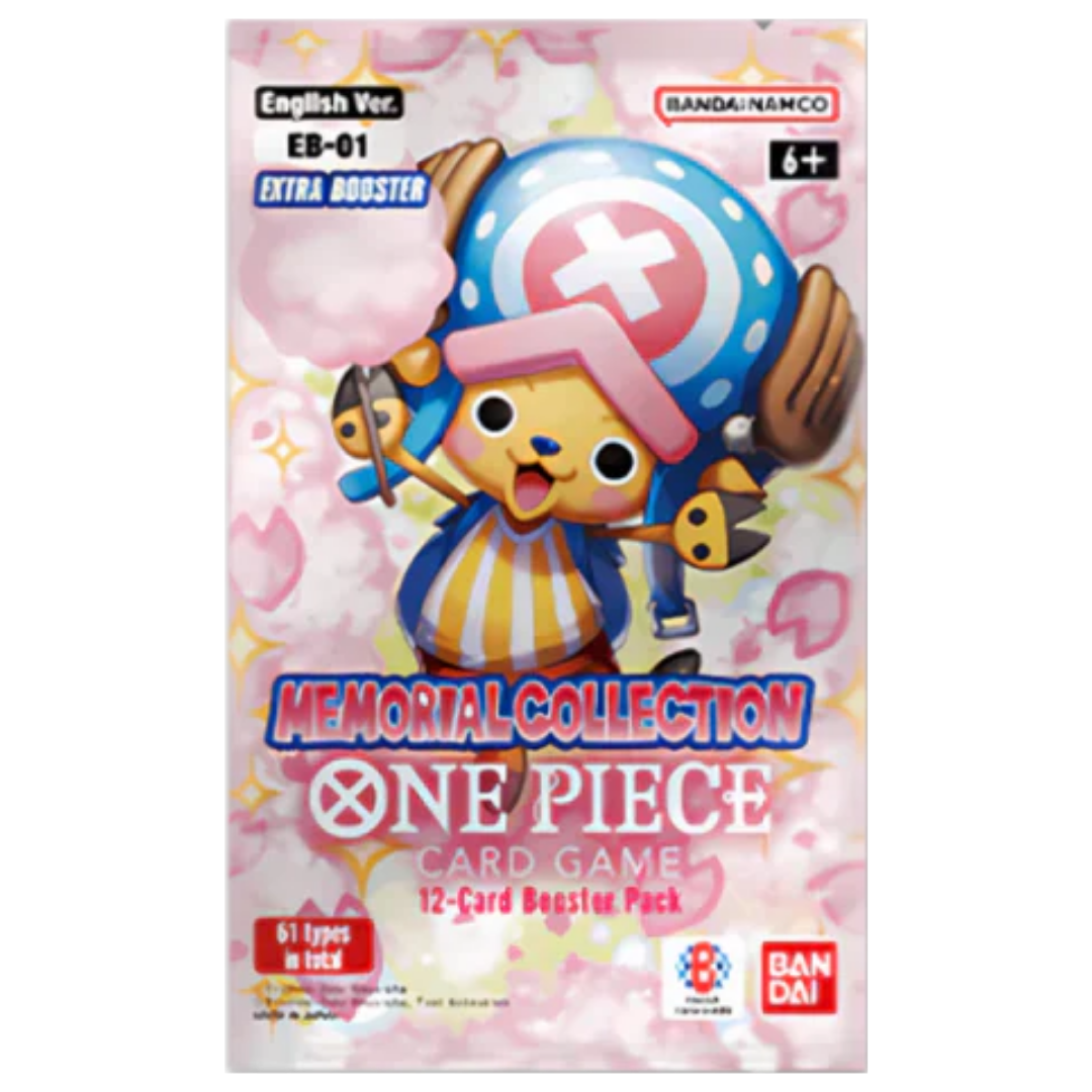 One Piece EB-01 Extra Booster Memorial Collection single booster pack showing Bandai logo and character lineup