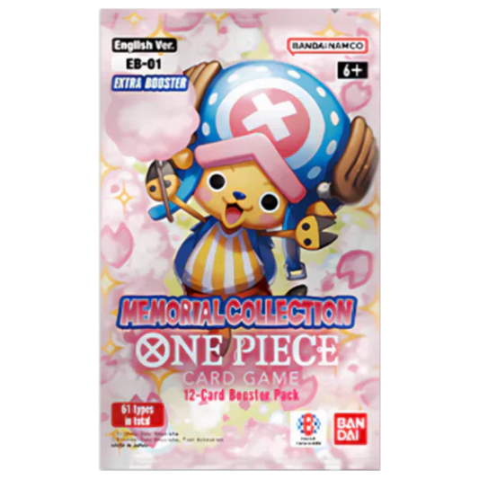 One Piece EB-01 Extra Booster Memorial Collection single booster pack showing Bandai logo and character lineup
