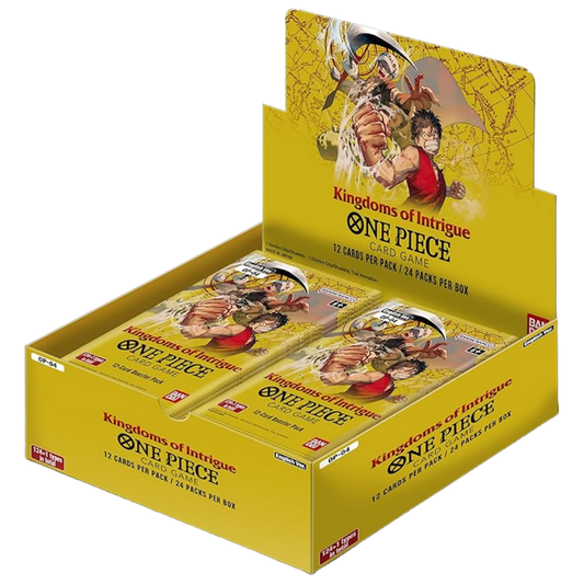 One Piece OP-04 Kingdoms of Intrigue booster box featuring Alabasta and Dressrosa characters







