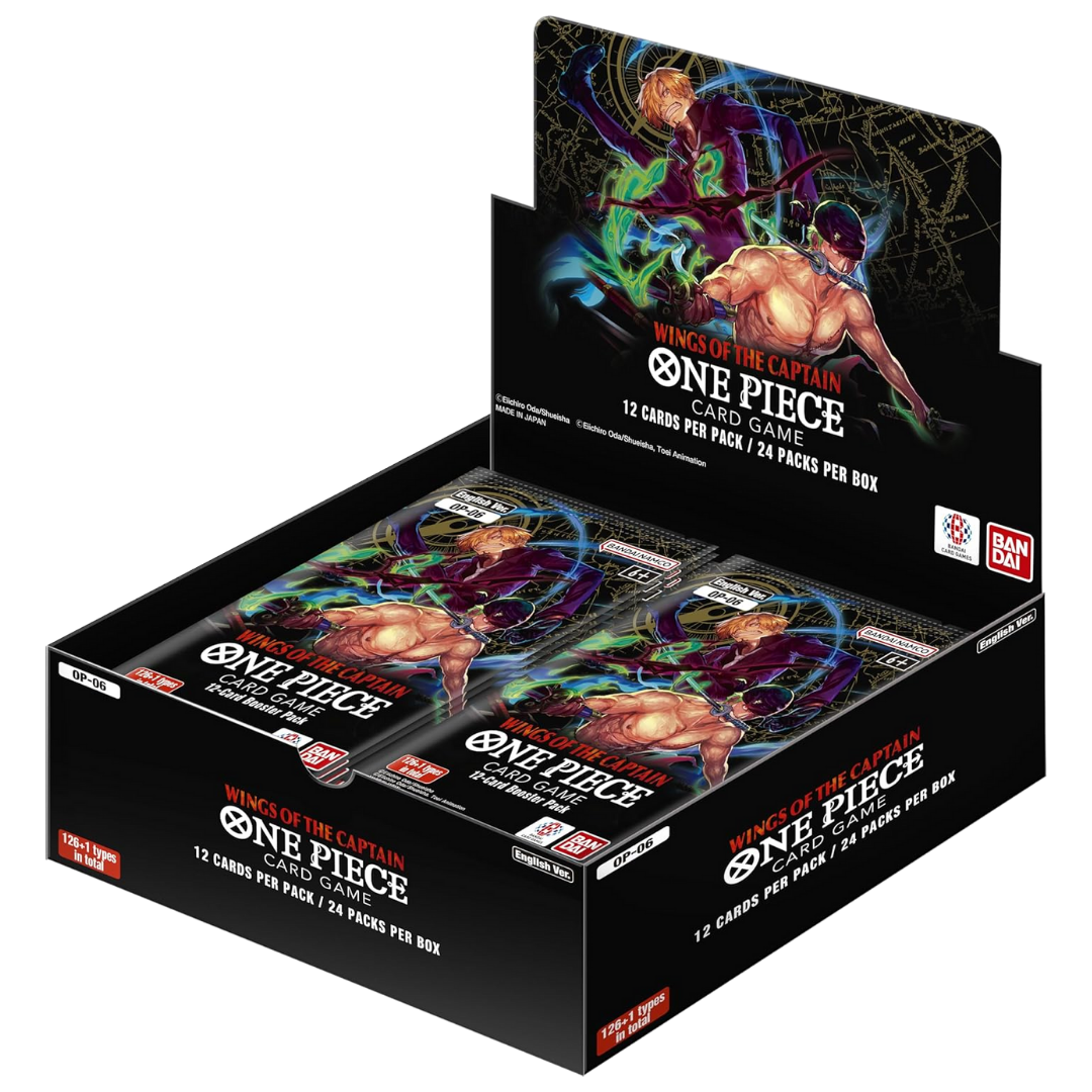One Piece Card Game OP‑06 Wings of the Captain booster box with 24 packs and key characters Zoro Sanji Shanks