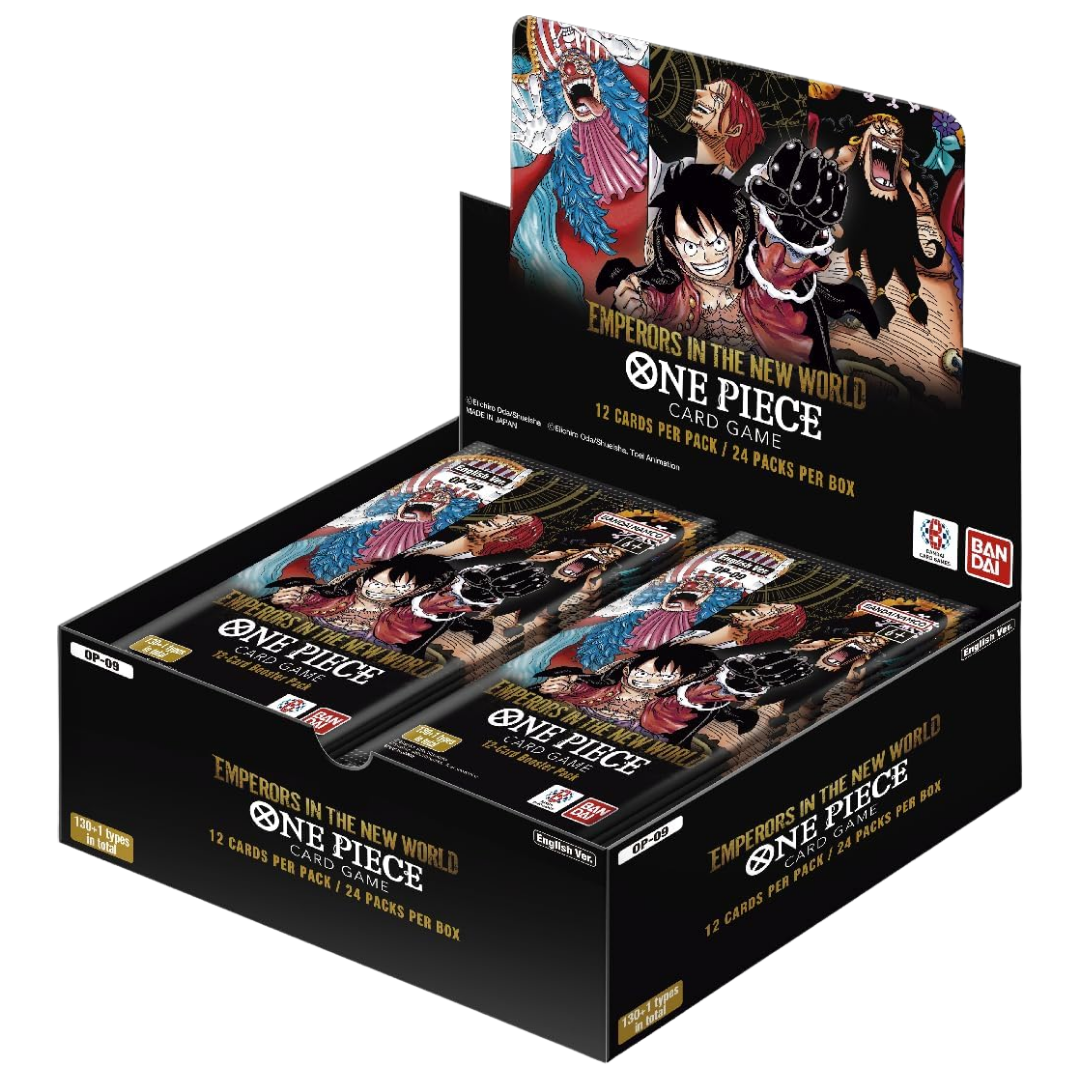 One Piece OP-09 Emperors of the New World booster box showing Four Emperors leaders and Treasure Rare card 