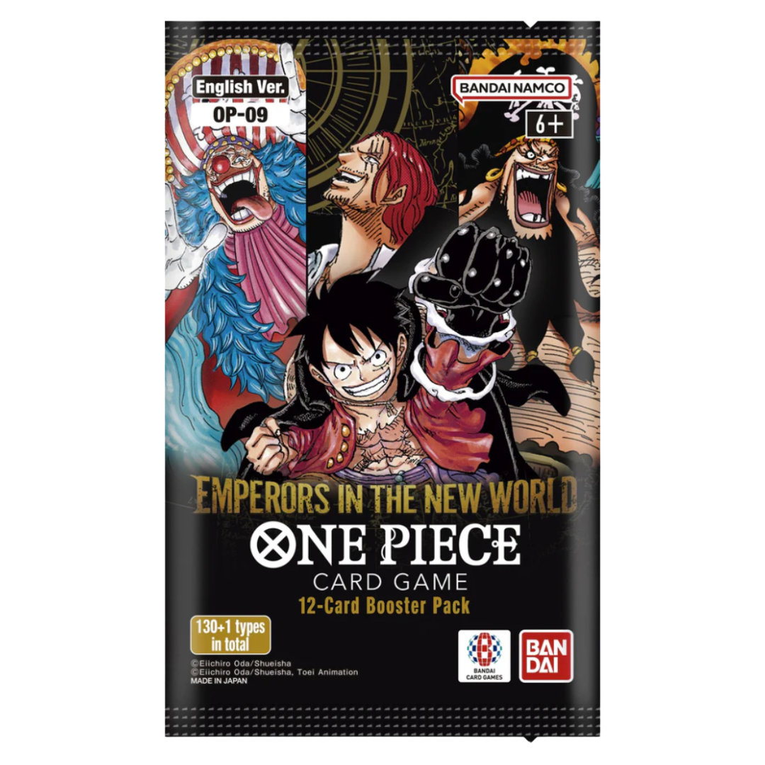 One Piece OP-09 Emperors of the New World Booster Pack featuring rare and powerful cards from the New World, perfect for collectors and TCG players.