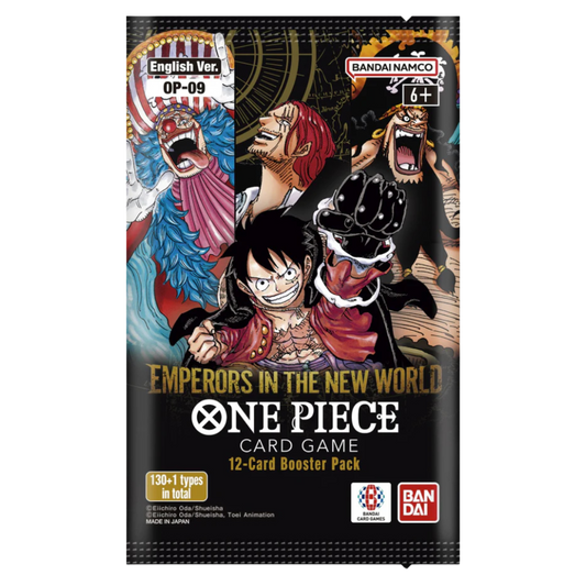 One Piece OP-09 Emperors of the New World Booster Pack featuring rare and powerful cards from the New World, perfect for collectors and TCG players.