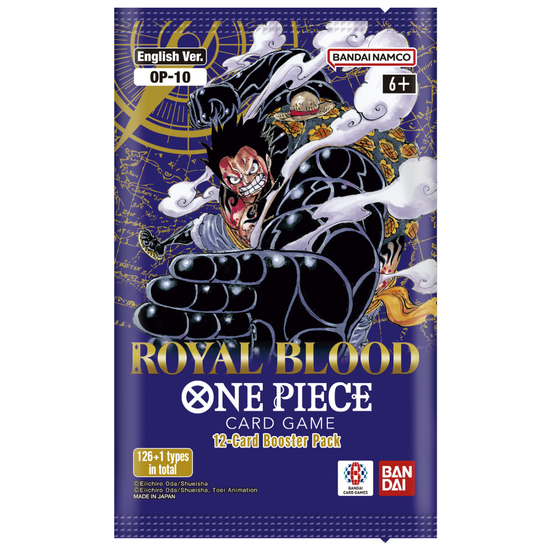 One Piece OP-10 Royal Blood Booster Pack featuring new Leaders, Characters, and Event cards for the One Piece Card Game, perfect for players and collectors.
