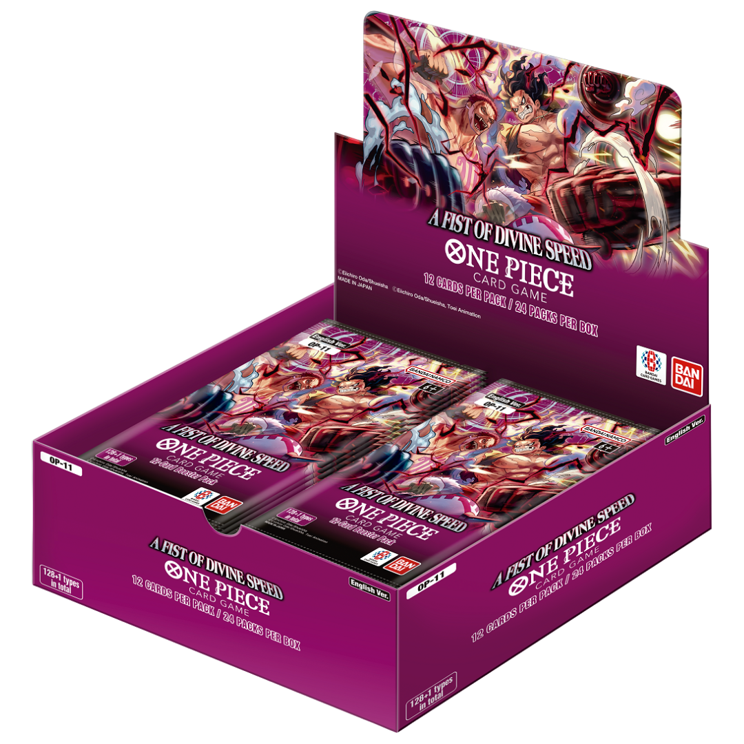 One Piece Card Game OP-11 A Fist of Divine Speed Booster Box display with 24 packs