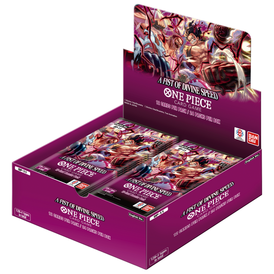 One Piece Card Game OP-11 A Fist of Divine Speed Booster Box display with 24 packs