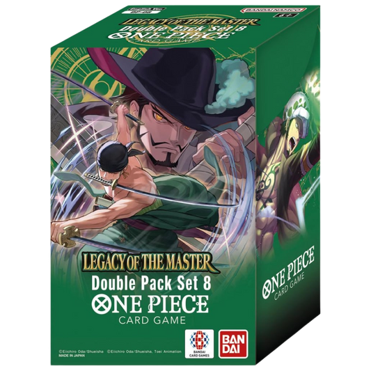 One Piece Card Game OP-12 Double Pack Volume 8 with Mihawk and Zoro artwork, boosters, storage box, and special DON!! pack