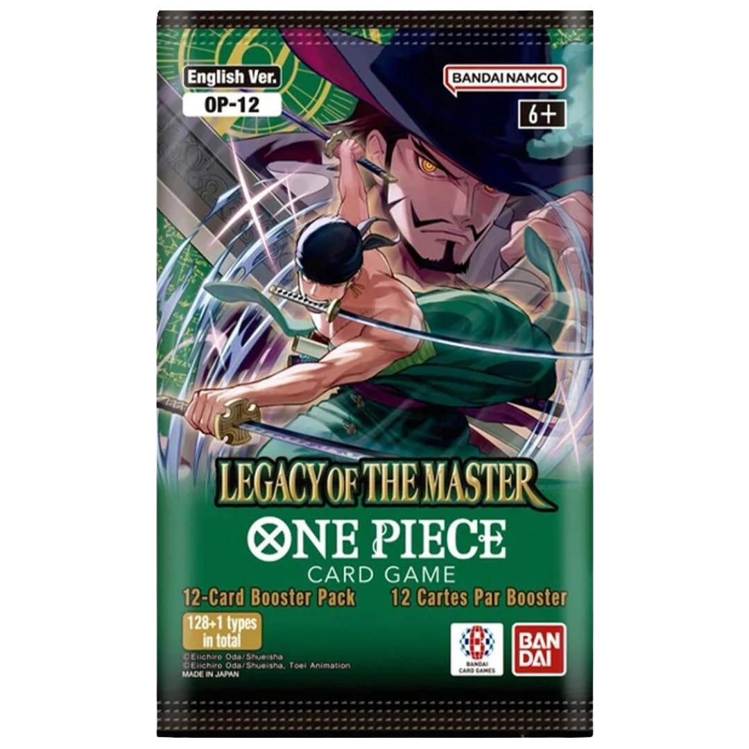 One Piece Card Game OP-12 Legacy of the Master booster pack featuring Roronoa Zoro and Dracule Mihawk artwork with 12 cards inside.