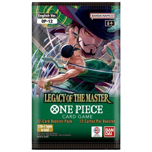 One Piece Card Game OP-12 Legacy of the Master booster pack featuring Roronoa Zoro and Dracule Mihawk artwork with 12 cards inside.