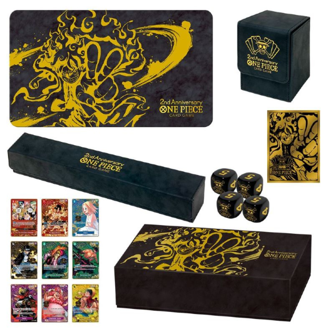 One Piece Card Game Japanese 2nd Anniversary Special Set with exclusive cards, playmat, storage box, card sleeves, and dice for collectors.
