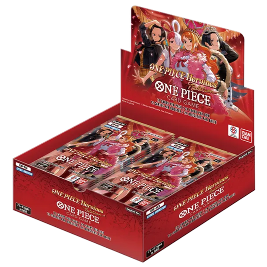 One Piece Card Game EB-03 Heroines Booster Box display featuring Nefeltari Vivi and heroines themed booster packs