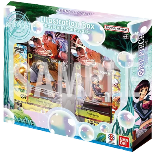 One Piece Card Game Illustration Box Volume 7 with OP15-EB04 and OP-16 booster packs plus Rayleigh and Shakuyaku promo cards