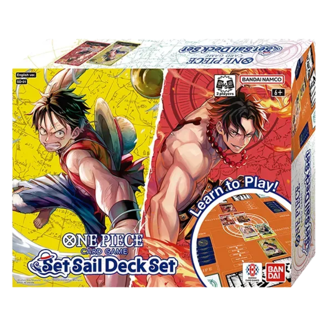 One Piece Card Game SD-01 Set Sail Deck Set with Luffy and Ace decks, deck cases, guides, and booster pack