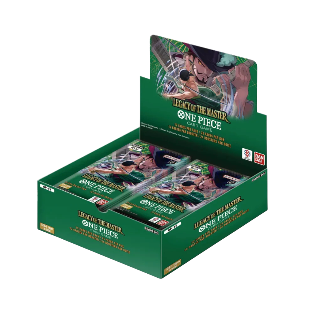 One Piece OP-12 Legacy of the Master Booster Box with 24 packs of 12 cards featuring Zoro and Dracule Mihawk artwork