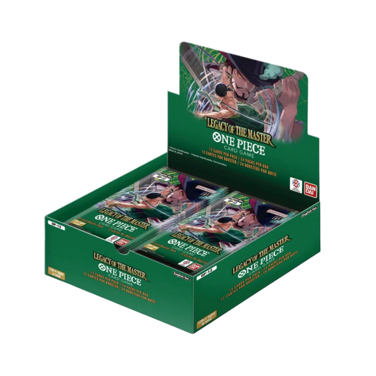 One Piece OP-12 Legacy of the Master Booster Box with 24 packs of 12 cards featuring Zoro and Dracule Mihawk artwork