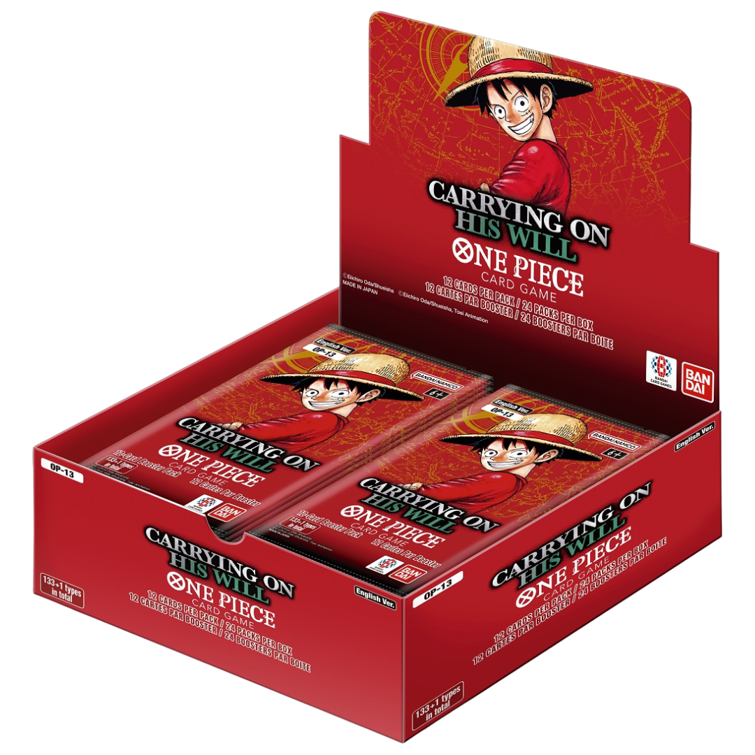 One Piece Card Game OP-13 Carrying on His Will English booster box display with 24 packs
