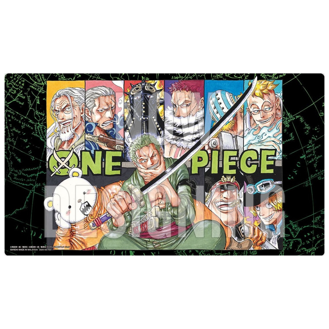 One Piece Volume 4 playmat with Roronoa Zoro promo card and classic one piece characters art background