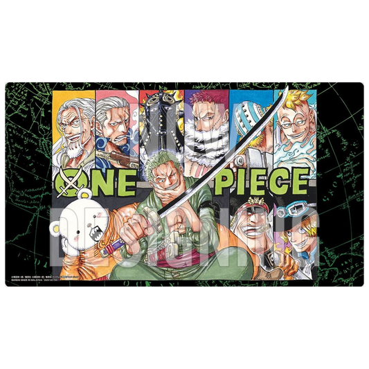 One Piece Volume 4 playmat with Roronoa Zoro promo card and classic one piece characters art background