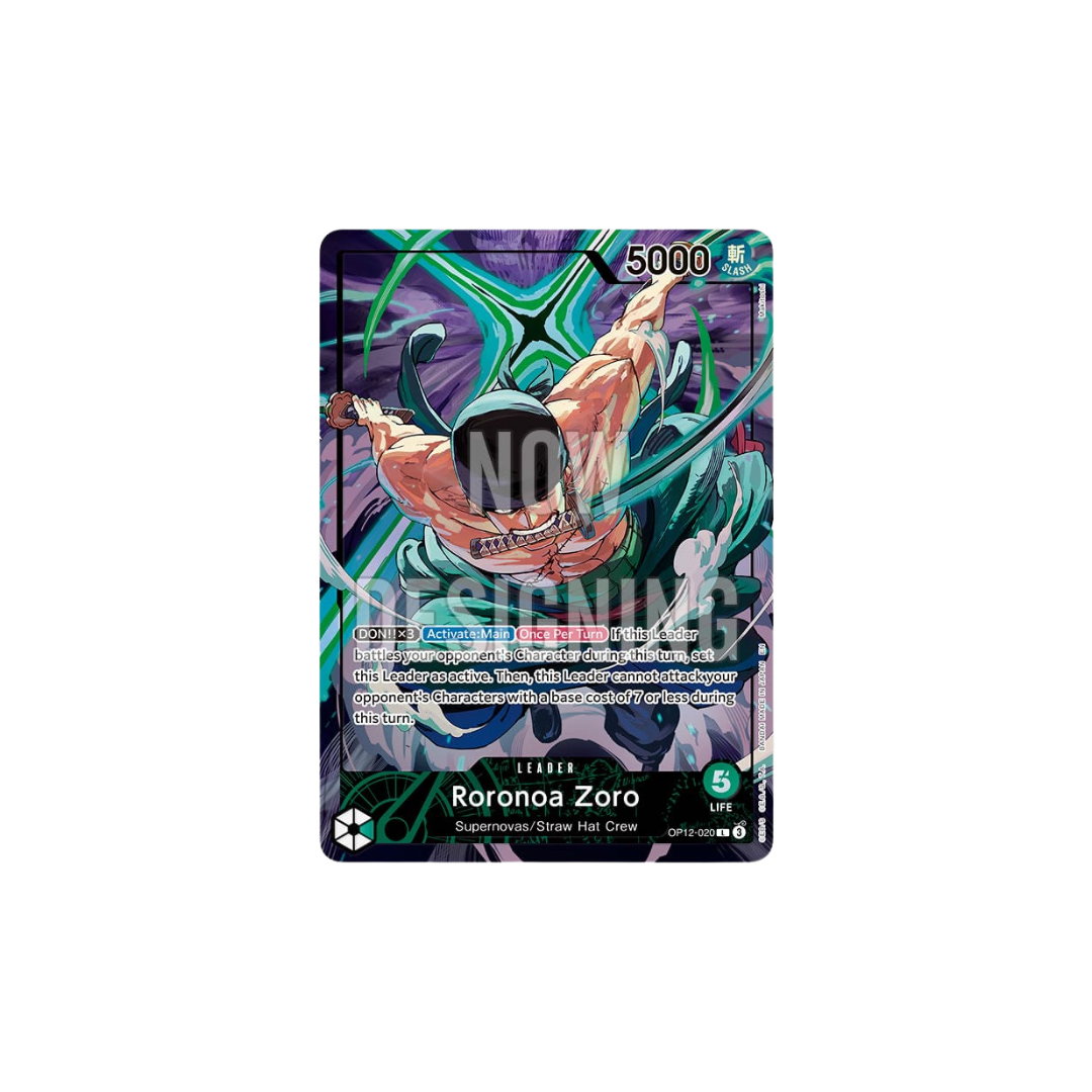 One Piece Card Game Roronoa Zoro Leader promo card OP12-002 with 5000 power and Supernovas/Straw Hat Crew typing