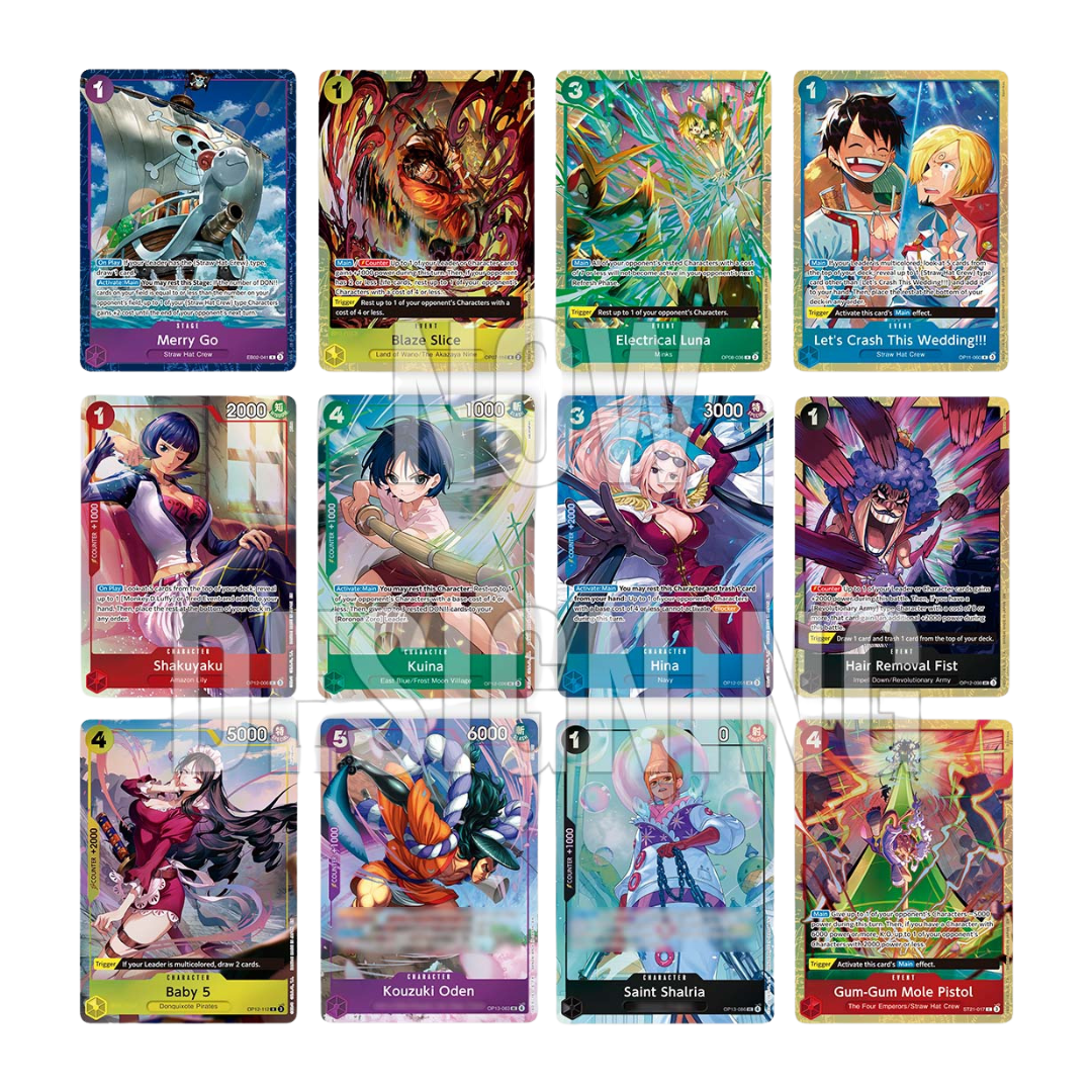 One Piece Card Game Best Selection Vol. 5 featuring 12 premium alternate art cards including Kozuki Oden, Baby 5, Kuina, Hina, Shakuyaku, and more