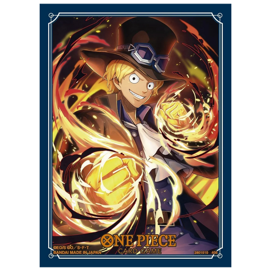 One Piece Card Game sleeves showing Sabo in fire pose with blue border