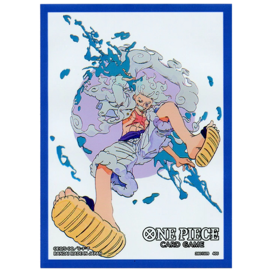 One Piece Card Game sleeves featuring Gear Five Monkey D. Luffy in dynamic blue-bordered design