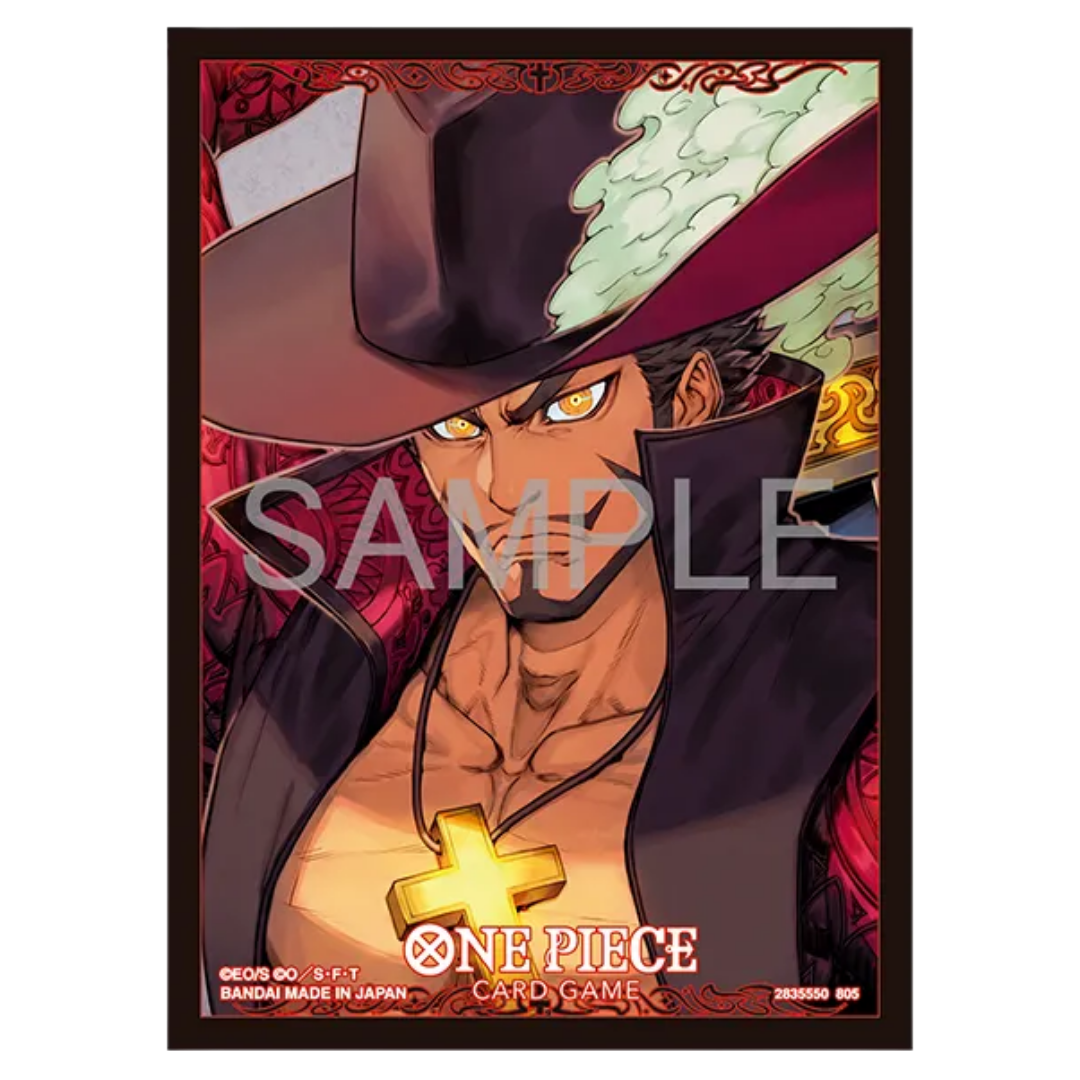 One Piece Card Game Set 13 Dracule Mihawk sleeves featuring official character artwork for standard size cards