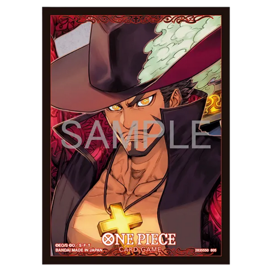 One Piece Card Game Set 13 Dracule Mihawk sleeves featuring official character artwork for standard size cards