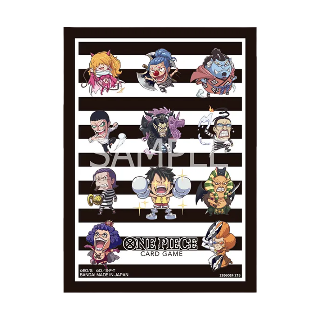 Illustrations of characters from the 'One Piece' card game on a black and white striped background.