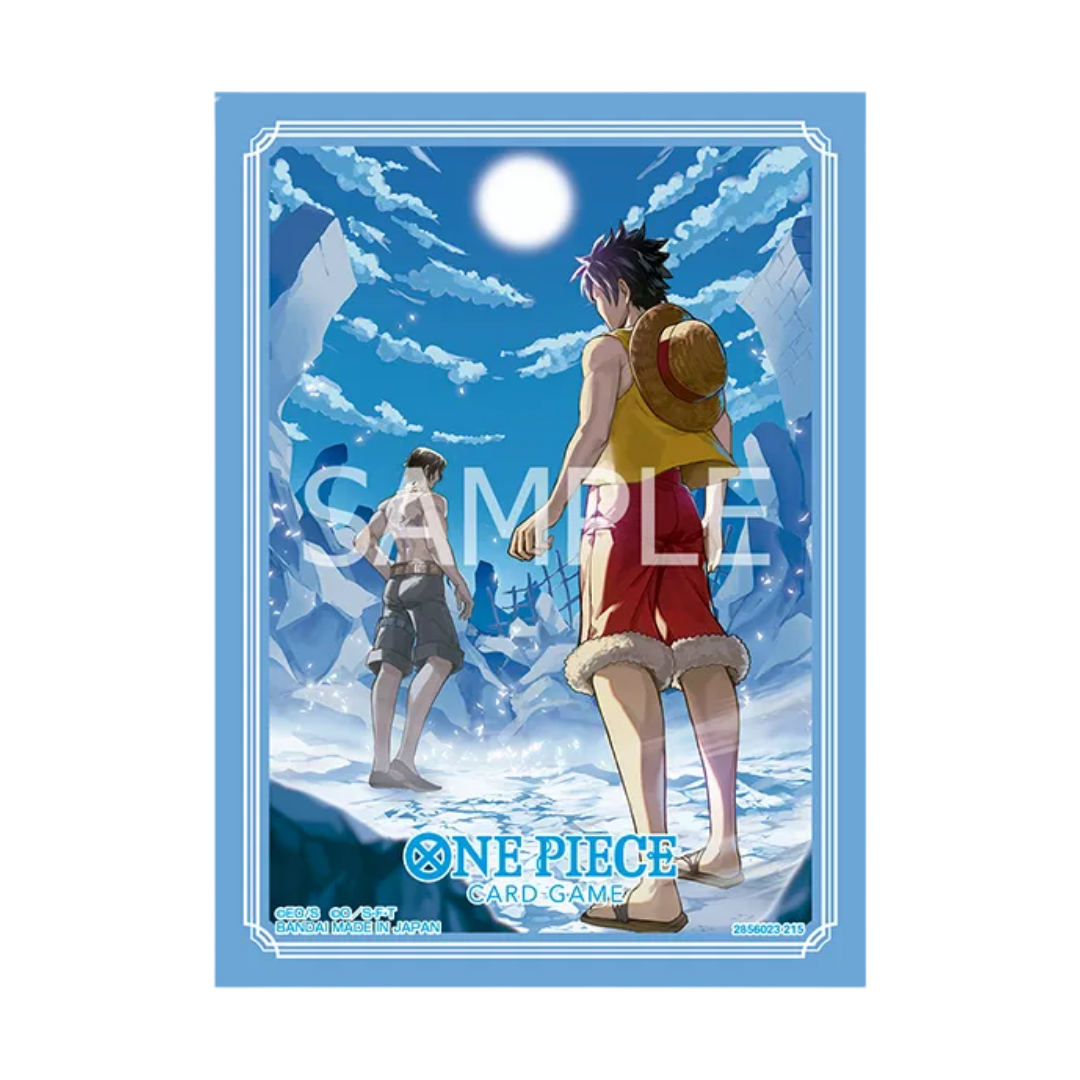 Illustration of two characters from 'One Piece' walking on a beach with a blue sky and mountains in the background.