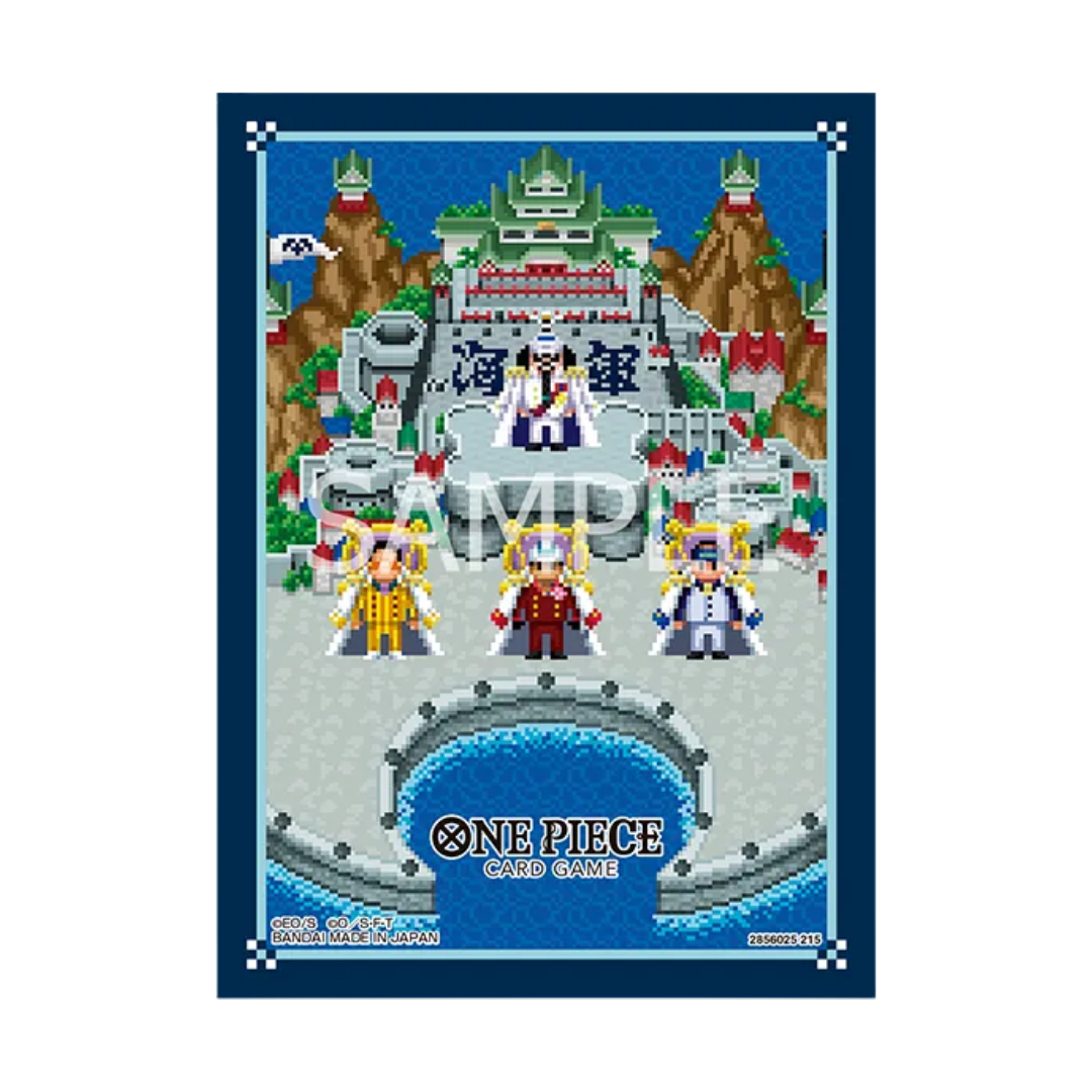 Pixel art-style 'One Piece' card game packaging with characters and castle design.