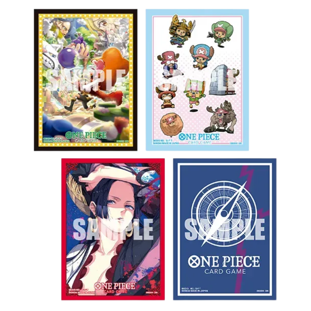 One Piece Card Game Sleeves Set 16 featuring Luffy, Chopper, Boa Hancock and Rocks D. Xebec designs