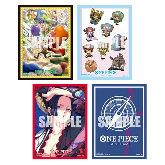 One Piece Card Game Sleeves Set 16 featuring Luffy, Chopper, Boa Hancock and Rocks D. Xebec designs