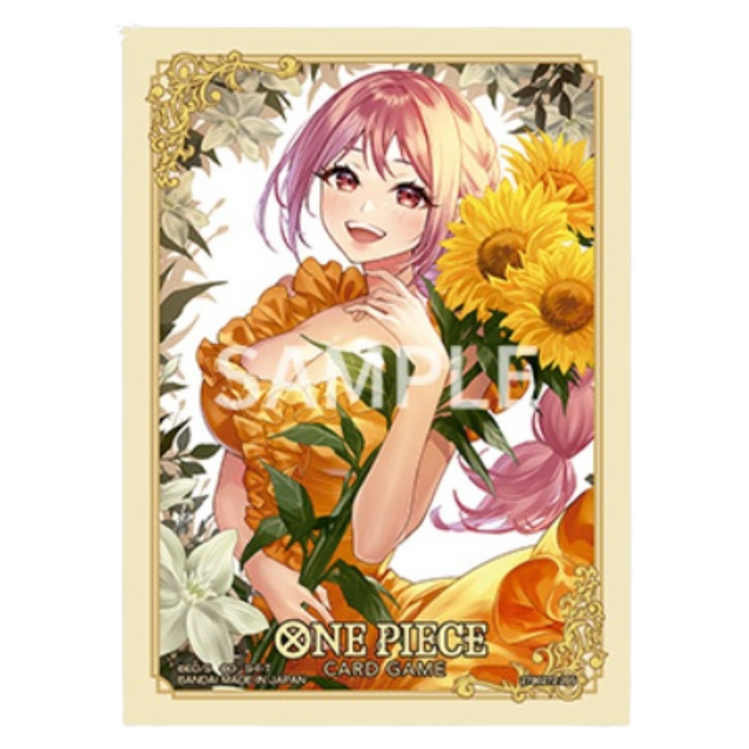 One Piece Card Game sleeve Vol 4 featuring Rebecca sunflower design, pack of 70 archival-safe protective sleeves.