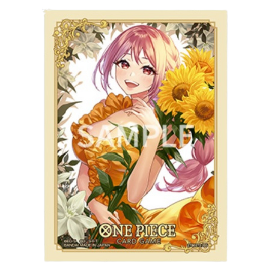 One Piece Card Game sleeve Vol 4 featuring Rebecca sunflower design, pack of 70 archival-safe protective sleeves.
