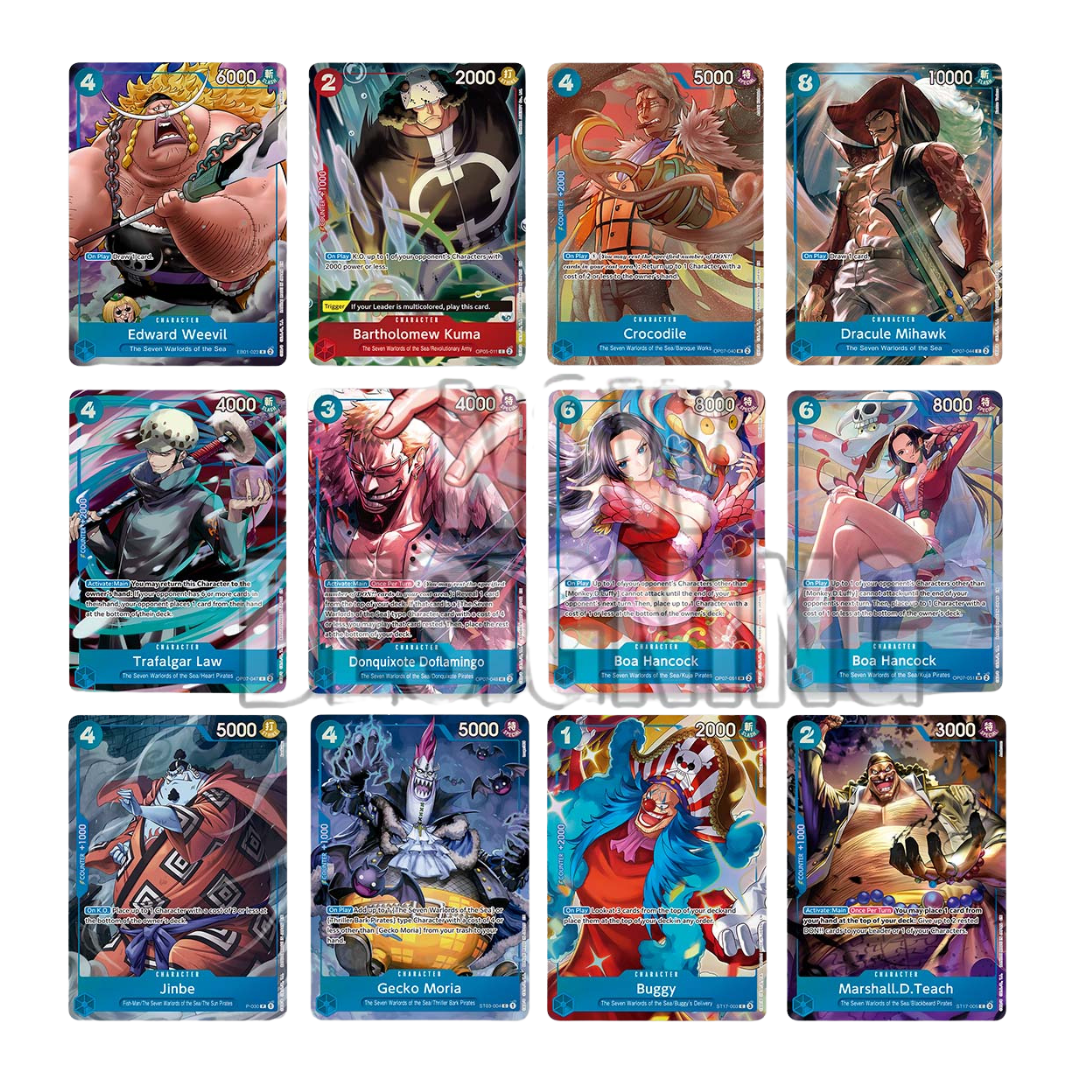 One Piece TCG 9 Pocket Binder Set Seven Warlords of the Sea, collector's binder with exclusive holo and textured foil cards for fans of the One Piece card game.