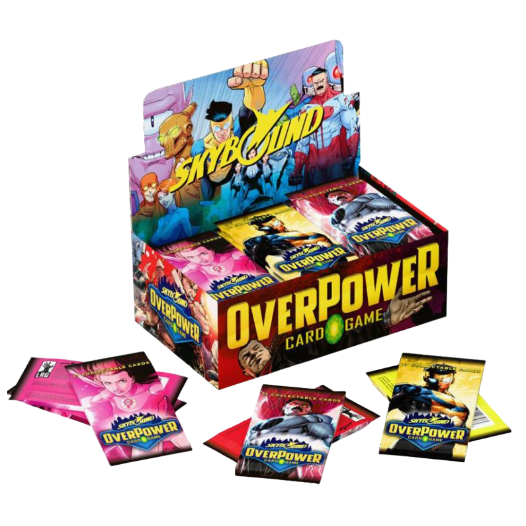 Skybound OverPower booster box containing 36 packs with heroes and villains on the display artwork.