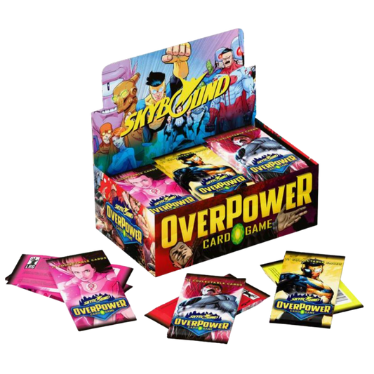 Skybound OverPower booster box containing 36 packs with heroes and villains on the display artwork.