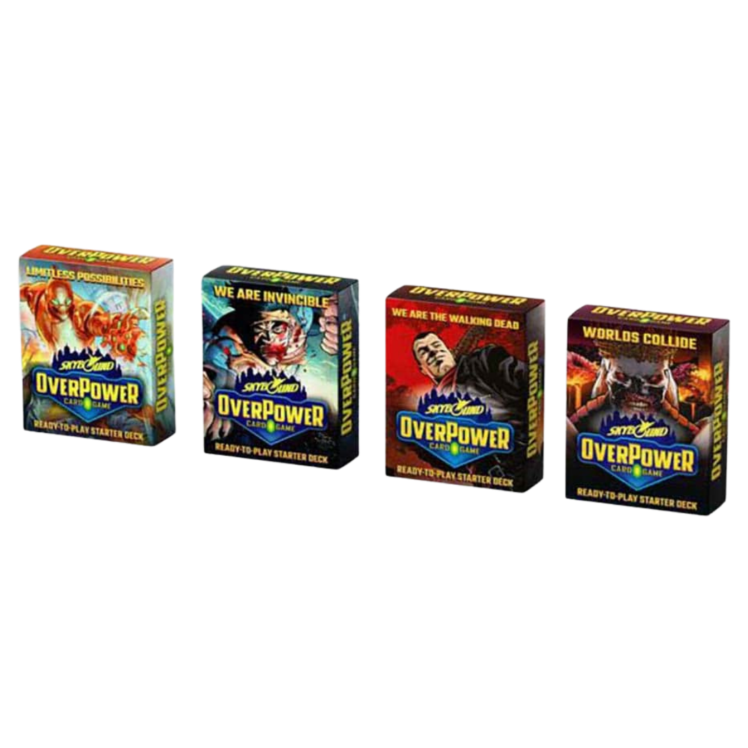 Skybound OverPower set of four Starter Decks featuring Invincible, The Walking Dead, and crossover themes.