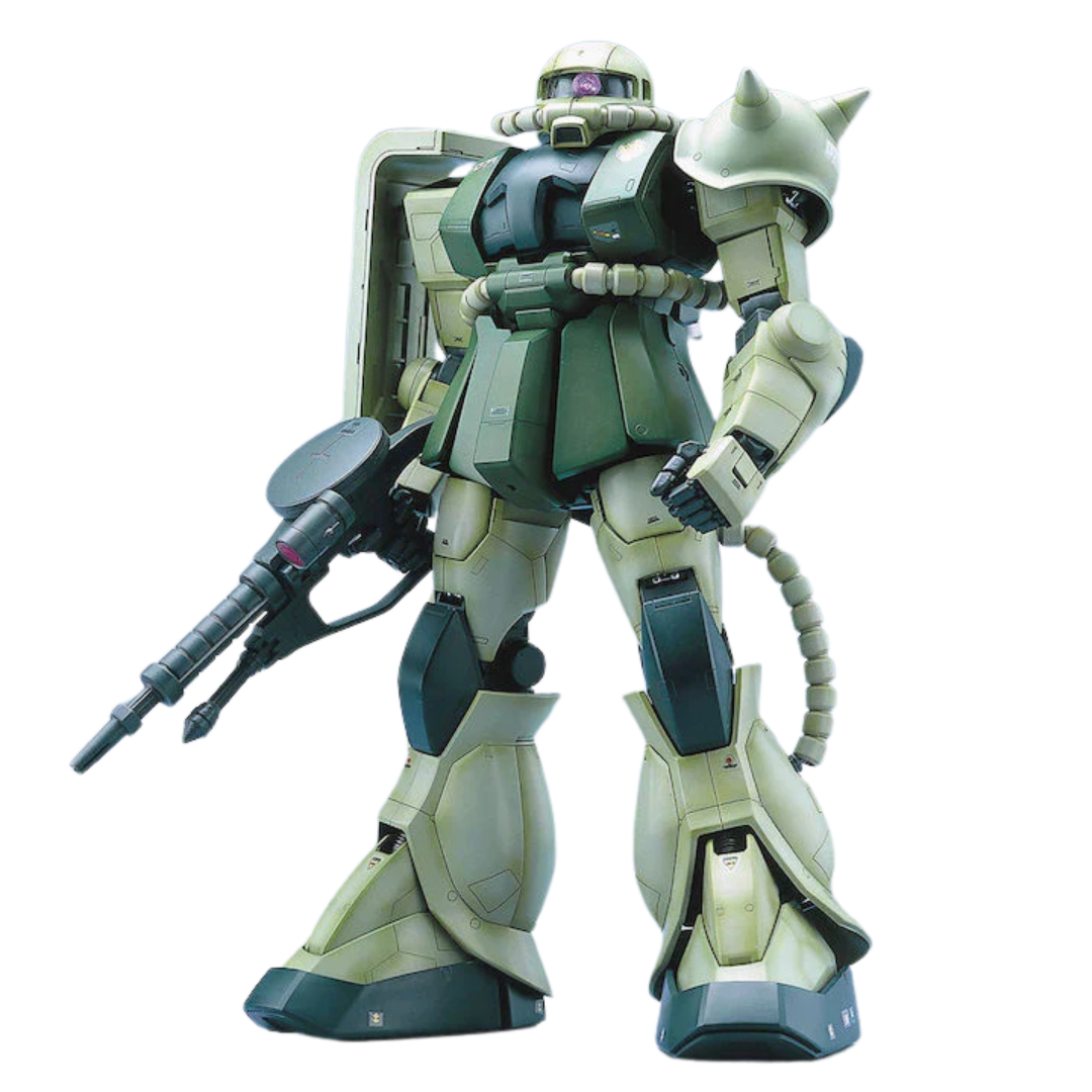 PG MS-06F Zaku II Perfect Grade model front view with machine gun and spiked shoulder shield