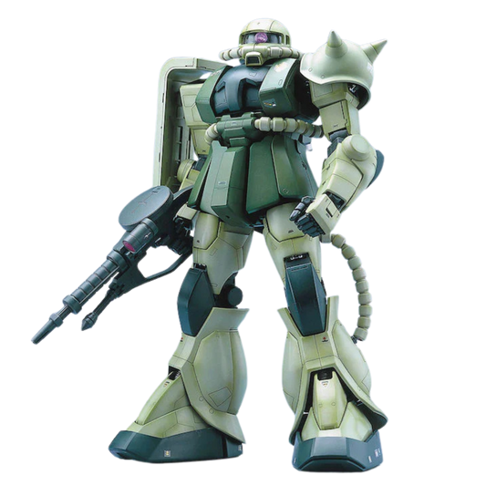 PG MS-06F Zaku II Perfect Grade model front view with machine gun and spiked shoulder shield